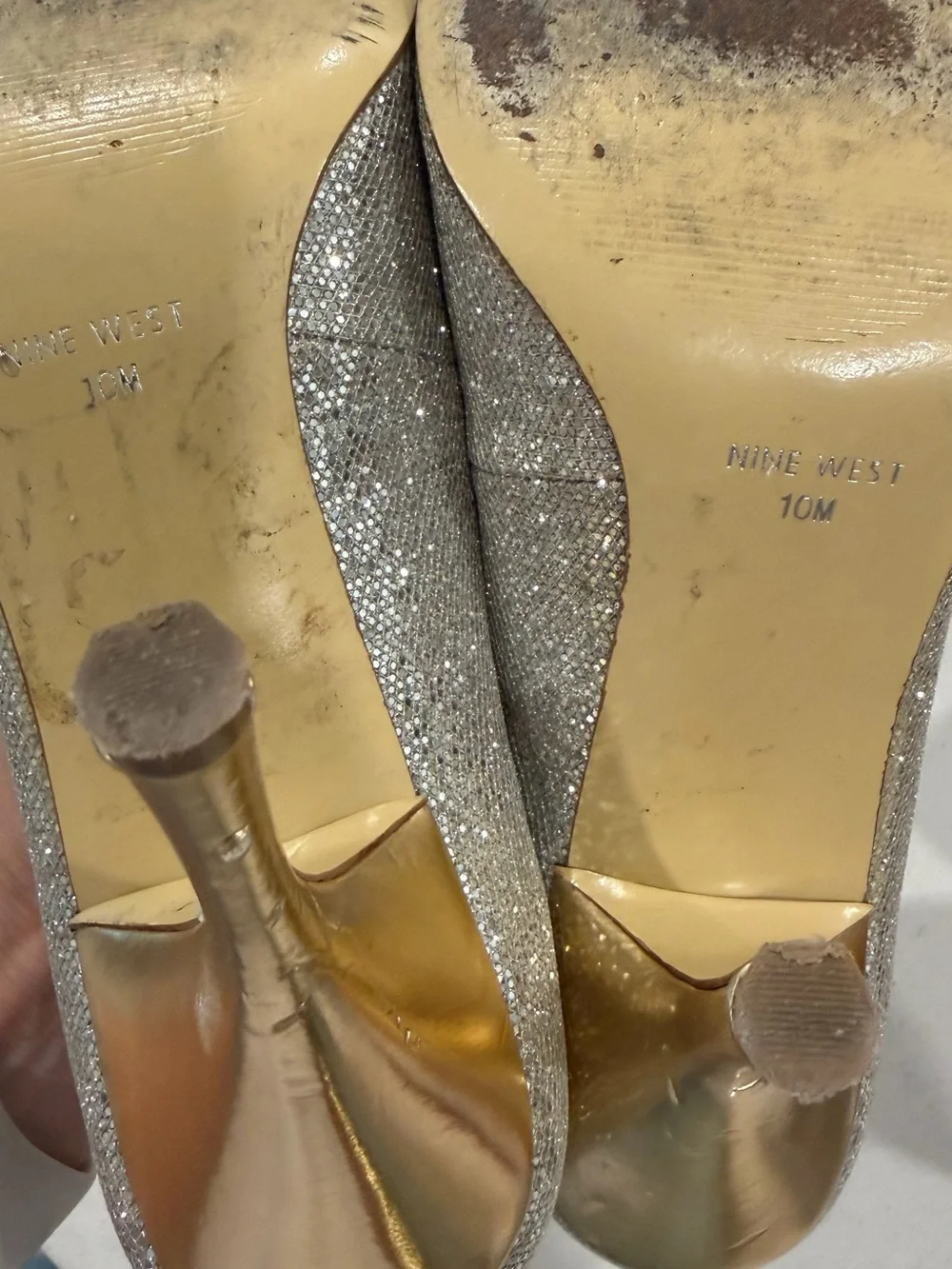 Nine West Silver Glitter Open-Toe Pumps with Gold Accent